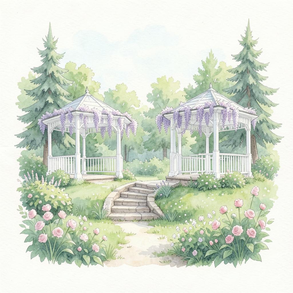 Ilustrasi cat air taman dengan gazebo dan bunga wisteria